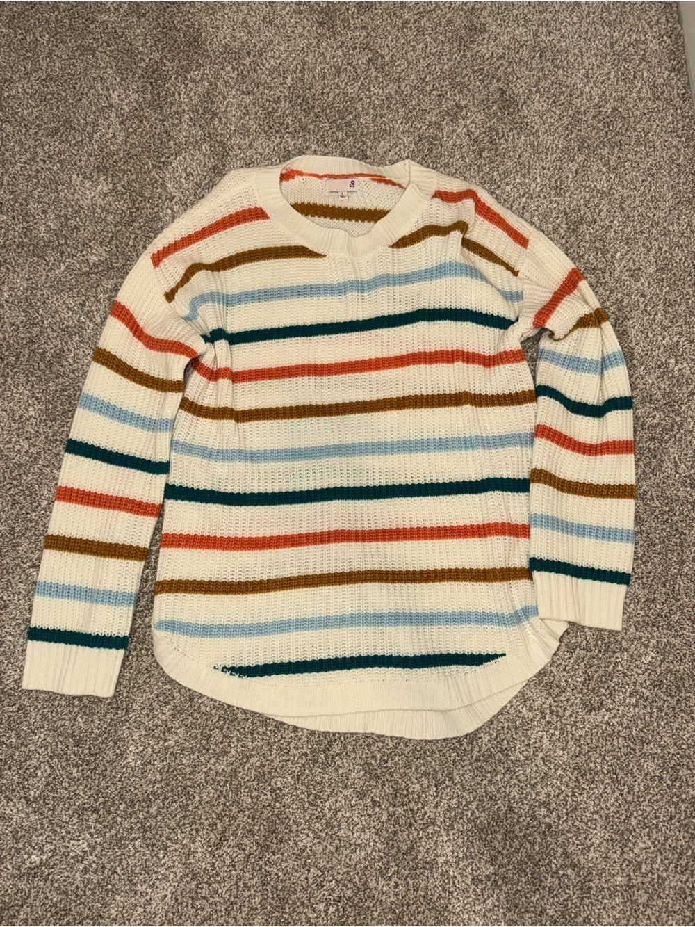 SO Cream Sweater with Teal, Coral, Light Blue & Mustard Stripes